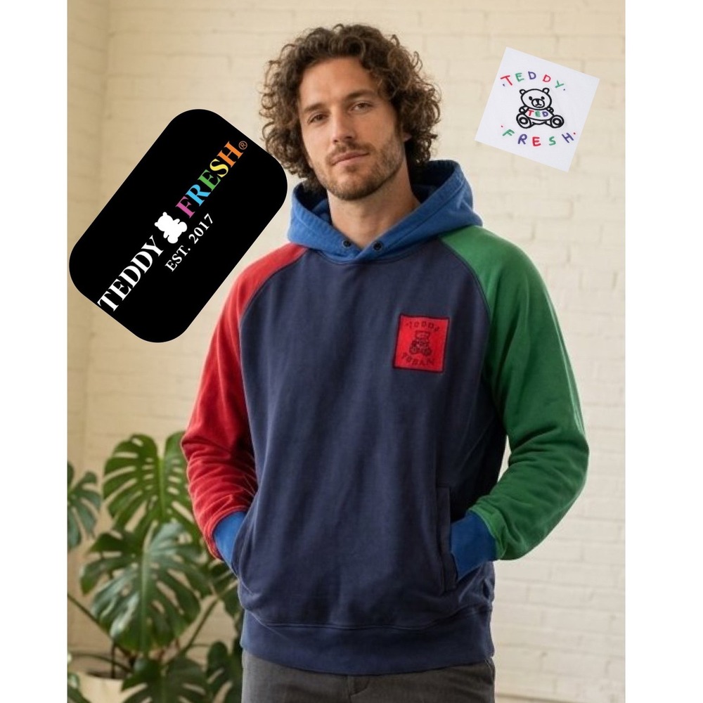 Teddy Fresh Colorblock Hoodie Mens Small Navy Blue Red Green Patch Pullover